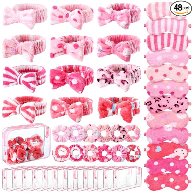Kajaia 48 Pcs Spa Party Supplies for Girls Spa Party Favor Sleepover Slumber Supplies for Women Headband Eye Mask Hair Scrunchies Toiletry Bag(Pink,Lovely)