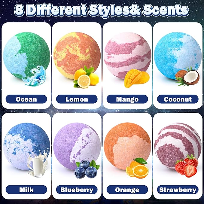 Toylink Galaxy Bath Bombs for Kids with Surprise Inside Space Toys, 8 Pack Planet Bath Bombs with Solar System Gemstones Organic Bubble Bath Fizzies Birthday Christmas Gift for Boys Girls