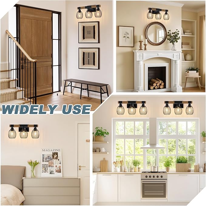 3-Light Farmhouse Bathroom Vanity Light Fixtures, Rustic Wood Bathroom Light Fixtures Over Mirror with Elegant Teardrop Cage, Vintage Black Wall Sconce Lighting for Bedroom Powder Room Kitchen