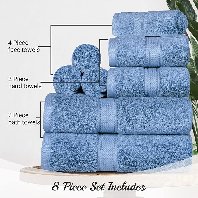 SUPERIOR Egyptian Cotton Pile 8 Piece Towel Set, Includes 2 Bath, 2 Hand, 4 Face Towels/Washcloths, Ultra Soft Luxury Towels, Thick Plush Essentials, Guest Bath, Spa, Hotel Bathroom, Denim Blue