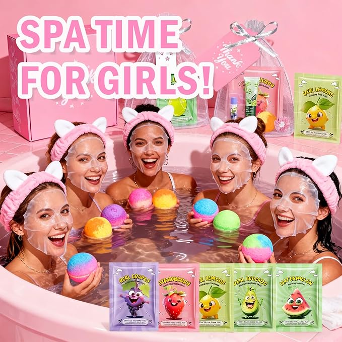 55PCS Spa Party Supplies for Girls, Spa Party Favors Face Masks, Hand Cream, Lip Balm, Lip Mask, Under Eye Patches, Foot Bath Bombs, Spa Birthday Sleepover Party Supplies for Women, Mothers Day Gifts