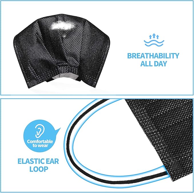 Black Disposable Face Masks 4 Layers Protection 50Pcs, Breathable Dust Mask Mouth Covers for Adult