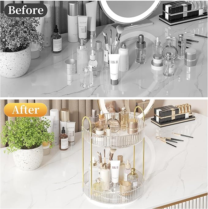 Rotating Makeup Organizer Countertop,Skincare Organizers,Spinning Perfume Tray Stand,Makeup Storage Organizer for Vanity,Bathroom Organizer and Storage,Lazy Susan,2 Tier,Clear