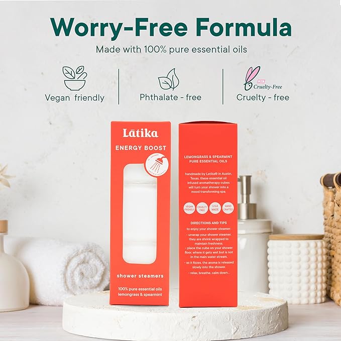 Latika Shower Steamer - Aromatherapy Cubes with Lemongrass & Spearmint Essential Oils for Stress & Anxiety Relief, Uplifting Energy - Long-Lasting Scent Steamers for Women and Men