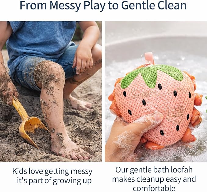 Kids Bath Sponge,Cute Kids Loofah Frog&Strawberry Shower Pouf,Soft Mesh Bath Loofah Fun Bath Accessories for Boys and Girls