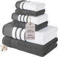 Modern Threads 6-Piece Towel Set – 100% Cotton, Quick Dry, Ultra Absorbent – Includes 2 Bath, 2 Hand, 2 Washcloths (White/Reinhart Charcoal)