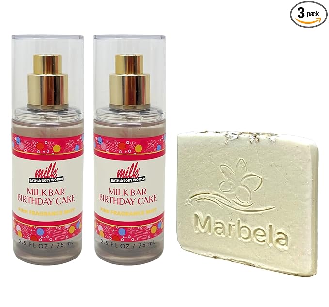 Bath & Body Works Milk Bar Bithday Cake 2-Pack Mini Fragrance Mists with a Natural Oats Sample Soap - Travel Size