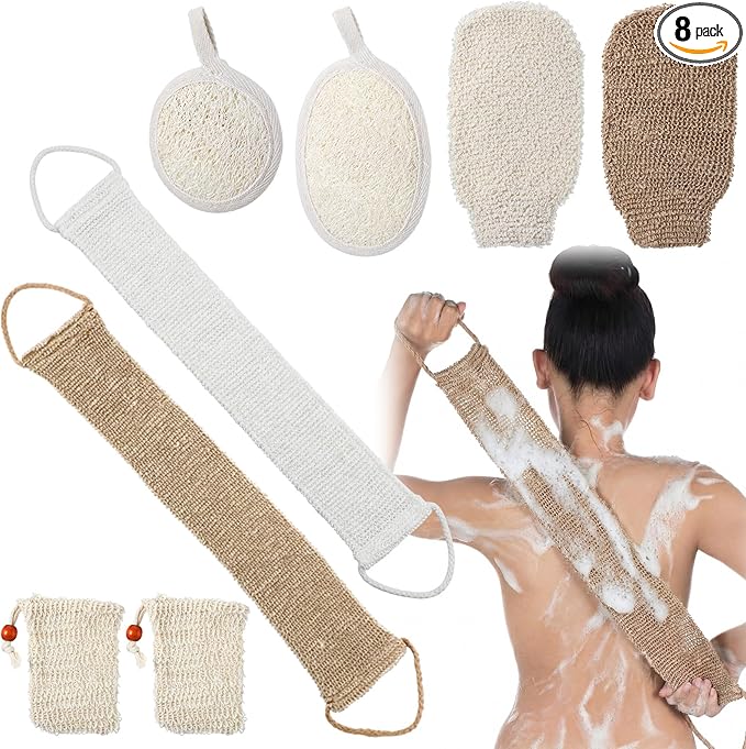 Geelin 8 Pack Natural Loofah Exfoliating Body Scrubber Set Shower Bath Glove Exfoliating Bath Scrubber Luffa Sponge Pads Mitts for Men and Women Body Back Deep Clean Remove Dead Skin