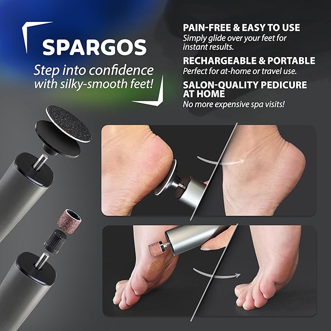 Spargos Electric Foot Callus Remover – Rechargeable Metal Foot File for Dead Skin & Cracked Heels – 9 Speed Professional Pedicure Tools with 60 Sanding Discs – Powerful Heel Scraper for Feet, Black