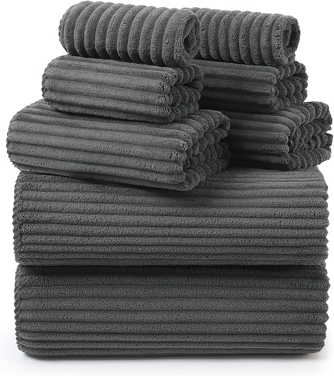 REDKISS Charcoal Gray Bath Towels Set 8 Piece - Microfiber Bathroom Towels of 8 Large, Highly Absorbent Bath Towel, Soft Shower Towel for Bathroom, 2 Bath Sheet 2 Hand 2 Washcloths 2 Hair Towel Wrap