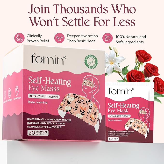 FOMIN Steam Eye Mask for Mothers Day - 20 Pack - Rose & Jasmine - Self Heating Warm Compress for Dry Eyes, Heated Eye Mask for Sleep, Puffiness & Dark Circles Relief, Spa Relaxation Gifts for Mom