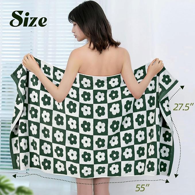 Jacquotha 2-Pieces Luxury Bath Towels Checkered Floral, Green Towels for Women Girls Shower Body 27.5x55 Inches, Cute Bathroom Decor, Cotton