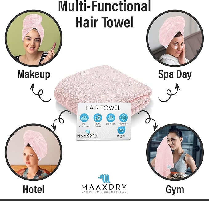 100% Cotton Large Hair Towel Wrap for Women, Men & Kids – Non-Microfiber 450 GSM Thick Super Absorbent Hair Towel 26x40 Inches, Secure Elastic Hair Wrap for Long & Curly Hair (Pink)