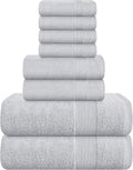 Belizzi Home 8 Piece Towel Set 100% Ring Spun Cotton, 2 Bath Towels 27x54, 2 Hand Towels 16x28 and 4 Washcloths 13x13 - Ultra Soft Highly Absorbent Machine Washable Hotel Spa Quality - Light Grey