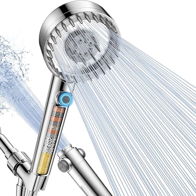 Ion Drops Filtered Shower Head with Handheld, High Pressure 4 Spray Mode Showerhead with Filters for Hard Water Softener, Handheld Shower Heads Filter with ON/OFF Switch for Pets (Chrome)