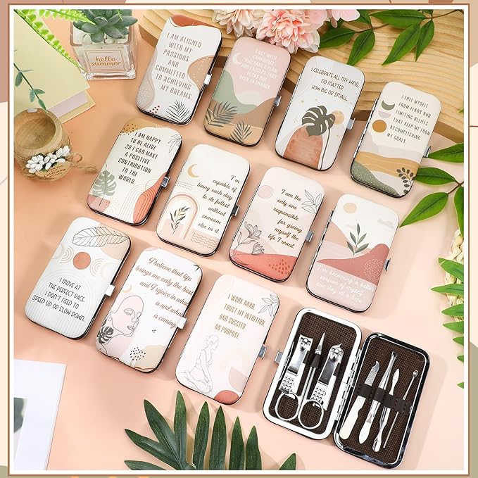 Capoda 12 Set Positive Affirmations Gifts Bulk Manicure Set Mothers Day Gift Nail Clippers Kit 7 in 1 Boho Inspirational Manicure Kit for Women Coworkers Employee Teacher Staff Nurse Gifts Supplies