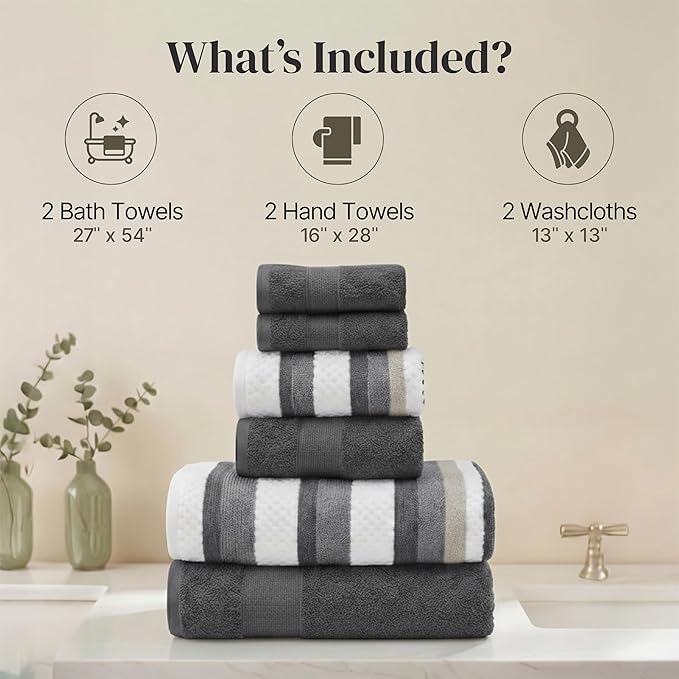 Modern Threads Pax 6-Piece Reversible Yarn Dyed Jacquard Towel Set - Bath Towels, Hand Towels, & Washcloths - Super Absorbent & Quick Dry - 100% Combed Cotton, Coal