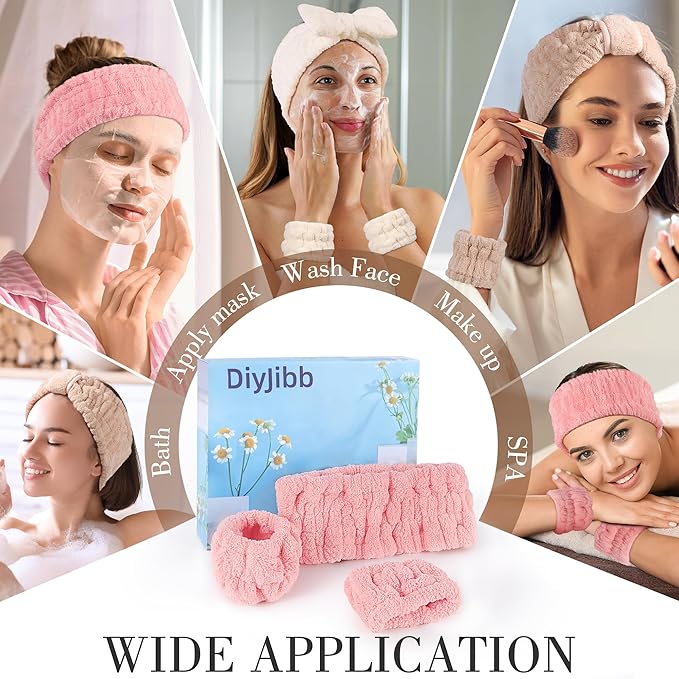 DiyJibb 9 Pcs Spa Headband for Washing Face,Skincare Headband and Wristband Set,Women Teen Girls Facial Hairbands for Washing Face, Makeup, Sports, Yoga (apricot + pink + grey)