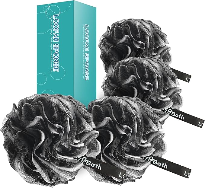 Loofah 4 Pack 75g Extra Large Loofa Set Soft Bath Sponge Thick Body Wash Puffs for Shower (Black)