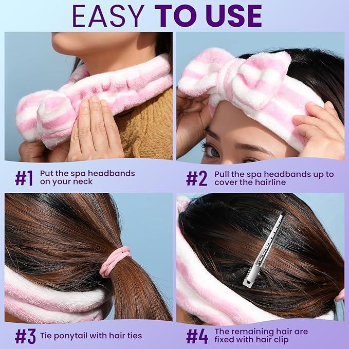 YGDZ Spa Headband, Spa Gifts for Women, Skincare Headband for Washing Face, Makeup, Bow Headbands for Skincare, Face Wash Head Band Set for Teen Girl, Christmas Stuffer Gifts (Striped)