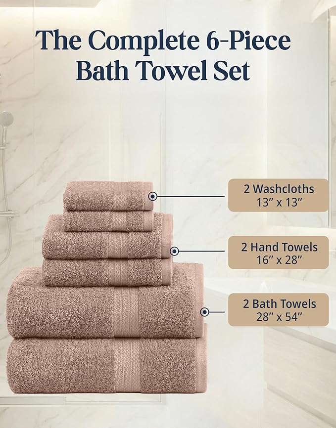 LANE LINEN 100% Cotton Towels Set - 6 Piece value pack - Soft, Absorbent & Durable - 2 Bath, 2 Washcloths, 2 Hand Towels for Bathroom - Ideal for Home, Spa & Gym - Quality You Can Trust - Taupe