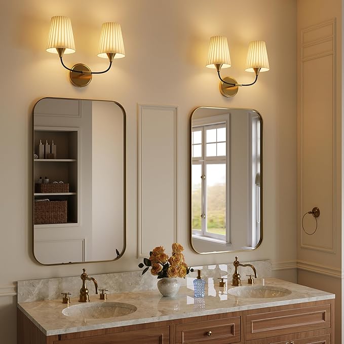 Bathroom Vanity Light with Fabric Shade, 2-Light Bathroom Vanity Light Over Mirror, Modern Light Fixtures for E26 Bulb, Flared Wall Lights for Bedroom, Hallway, Entryway (Black Gold)