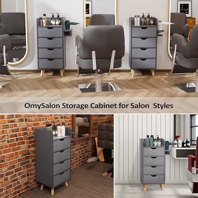 OmySalon Salon Station, 4 -Layer Beauty Barber Salon Styling Station Organizer Equipment, Hair Stylist Storage Cabinet with 2 Hair Dryer Holders, 4 Drawers and Raised Table Legs, Grey