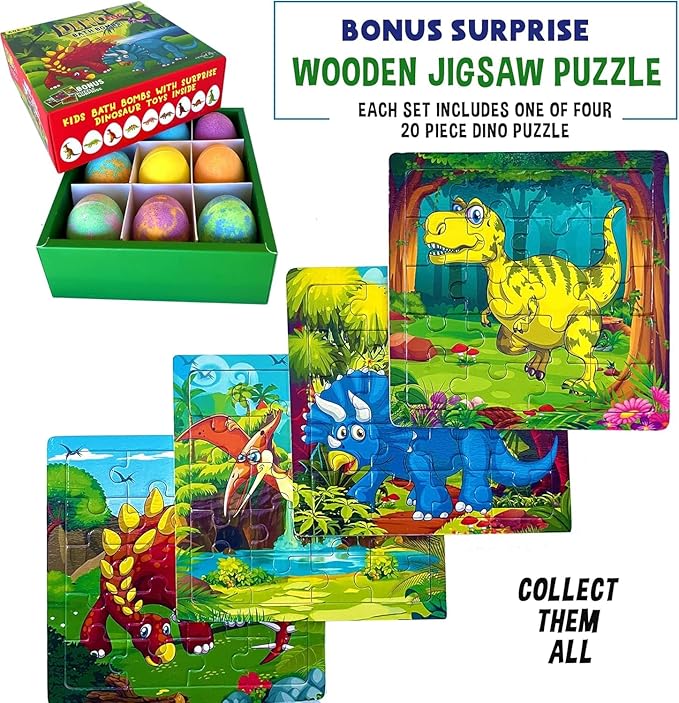Bath Bombs for Kids with Surprise Toys Inside Plus Dinosaur Puzzle - Set of 9 Organic Dino Egg Bath Bombs with Rich Bubbles, Birthday Gifts for Kids
