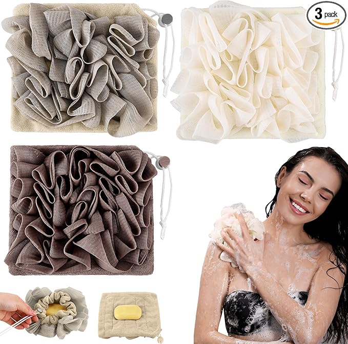 3 Pcs Washcloth Loofah Combo, 2 in 1 Bath Loofah Sponge with Drawstring, Exfoliation Mesh Shower Puff Ball for Body Wash Cleansing and Smooth Skin (Grey Coffee Beige)
