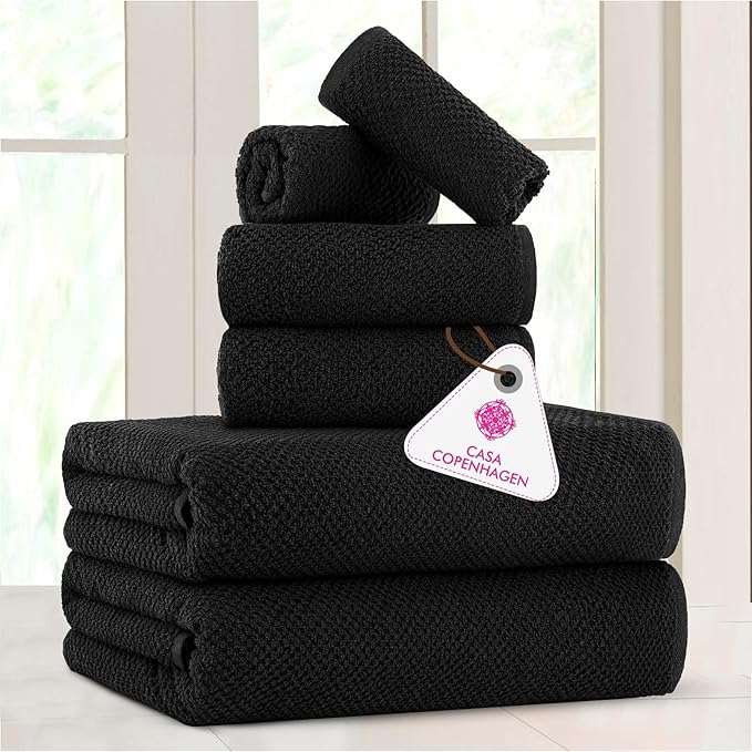 CASA COPENHAGEN EcoPop 6Pcs 100% Cotton Large Designer Towels Gift Set- Black, 550 GSM, 2Bath 2Hand 2Washcloths, Bath Towels for Bathroom Set for Women & Men