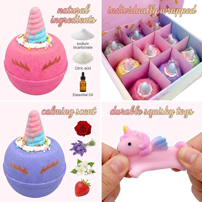 Clear&Fresh Unicorn Bath Bombs for Kids with Surprise Squishy Toys Inside, 9 Extra Large Bath Salts with Calming and Long Lasting Scent, Natural Bubble Bath Bombs for Girls Sensitive Skin