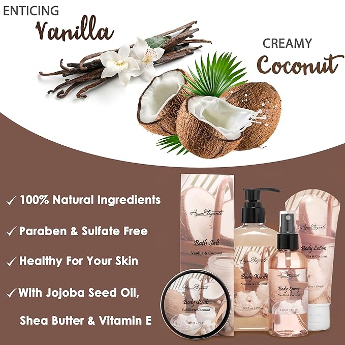 Aqua Elegante Spa Basket For Women - Deluxe Bath Set with Wash, Bubble Bath, Lotion, Salts, Body Scrub, Towel, Shower Puff, Bathbombs, Reusable Basket, Gifts for Mom, Wife, Her - Coconut & Vanilla