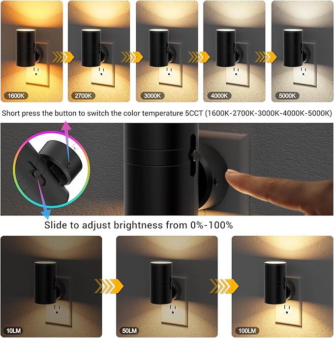 JandCase LED Night Light, Night Lights Plug into Wall with Dusk to Dawn Sensor, 5 Color Temperatures, Rotating Plug, Dimmable Nightlights, Adjustable Brightness for Bedroom Bathroom Hallway, 4 Pack