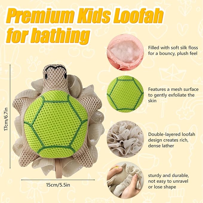 Kids Loofah, Cute Cartoon Animal Kids Bath Sponge with Hanging Rope, Soft Double Mesh for Rich Lather (Little Turtle)
