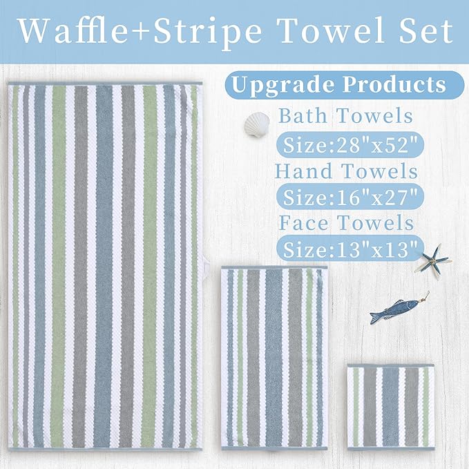 Waffle Towels for Bathroom - Quick Dry | Thick | Lightweight | 500GSM, 2Bath 28"x52", 2Hand 16"x27", 4Wash 13"x13", Cotton Polyester Blend Towels with Hanging Loops, Navy Grey Green Stripe and White