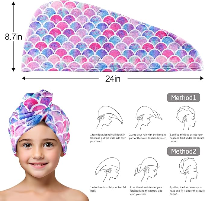 MADHOLLY Fast Drying Microfiber Hair Towel for Kids Women - 2 Packs Soft Super Absorbent Hair Towel Wrap with Button, Anti-Frizz Turban for Thicker Curly Long Hair, Mermaid Pattern Gift for Girls