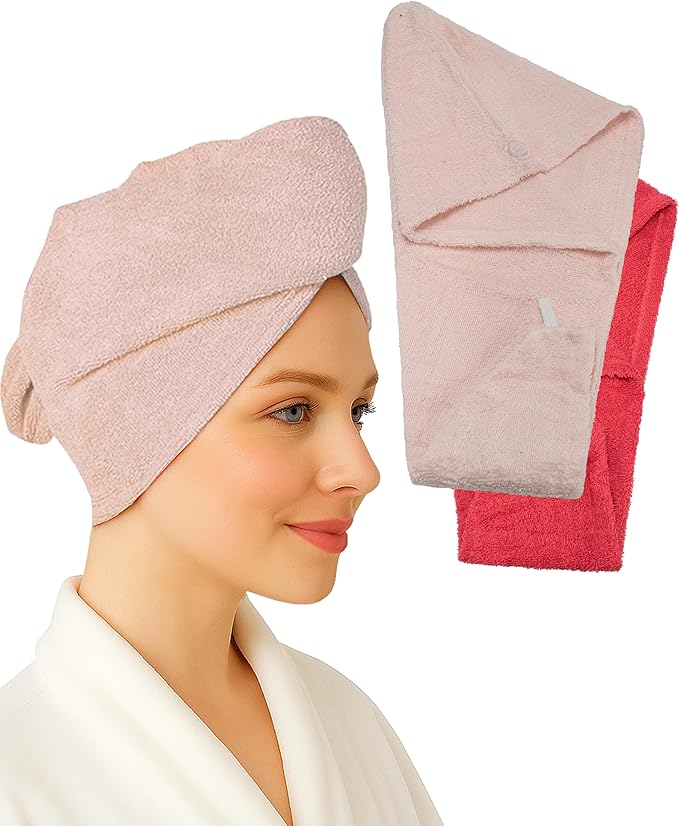Textila 100% Cotton Hair Wrap Towels for Women (Pack of 2, Raspberry & Pink) – Soft & Absorbent Turban Towels for Long, Curly, Frizz-Prone Hair