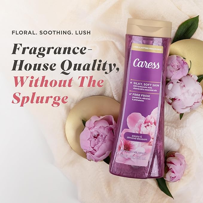 Caress Peony & Almond Blossom Body Wash, Hyaluronic Acid & Vitamin B3 for Moisturized, Silky Soft Skin, Long-Lasting Floral Bouquet Fragrance, 20 fl oz (4 Pack)