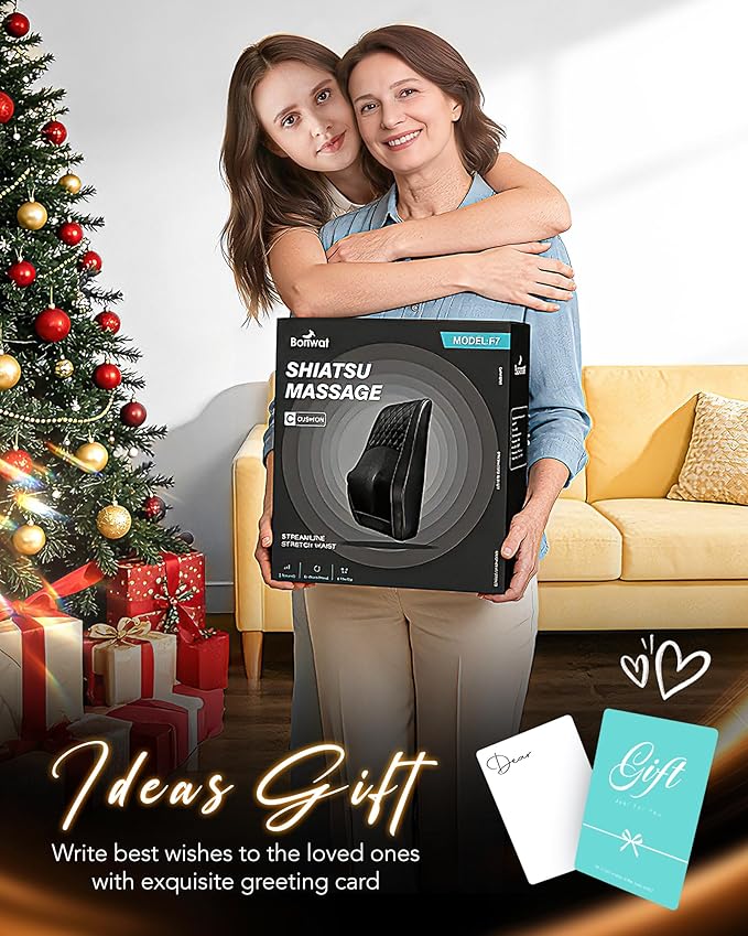 Boriwat Shiatsu Back Massager for Pain Relief Deep Tissue-Movable Electric Neck Back Massager with Heat- Rechargeable Cordless Massage Heated Lower Back Massage for Office/Home/Car-Gift for Men Women