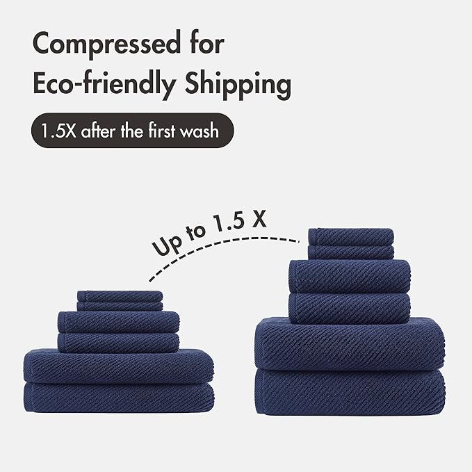 Madison Park Bathroom Towel Set of 6 Diagonal Ribbed, Navy 100% Cotton Quick Dry & Absorbent| 2 Bath 30" x 56"| 2 Hand 18" x 28"| 2 Washcloths 13" x 13"| Zero Twist, 500 GSM, Oeko-TEX