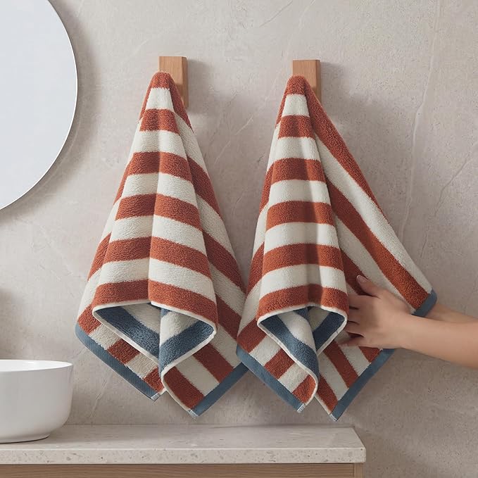 REDKISS 2-Pack Luxury Hand Towels for Bathroom - 12 x 28 Inches 100% Cotton Striped Hand Towels, Ultra Soft and Highly Absorbent Towel for Bath, Gym, Hotel, Kitchen and Spa, Brown