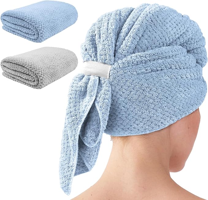 my novel things 2 Pack Extra Large Microfiber Hair Towel Wrap for Women, 37.4" x 26.4" Super Absorbent & Quick Dry with Elastic Strap for Curly Hair (Blue)