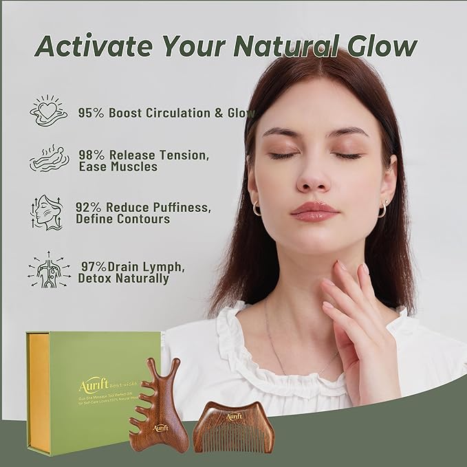 Mother’s Day Gift for Mom, Relaxation Gifts Set, Wooden Gua Sha Tool Set – Face & Scalp Manual Guasha Massager for Tension Relief, Portable Mini Wooden Massage Comb, Self Care Gift-Ready Box