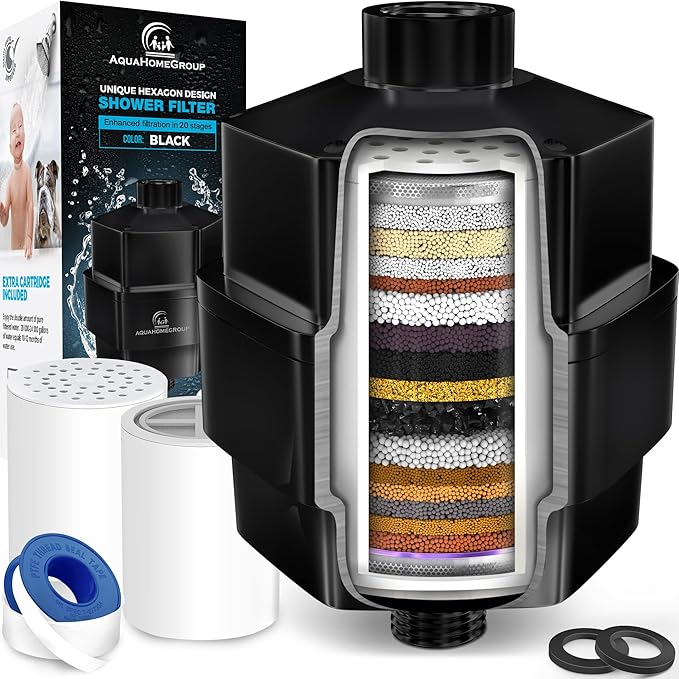 AquaHomeGroup 20 Stage Shower Filter - Reduces Chlorine, Heavy Metals and Sediment - Vitamin C and E - High Output - Universal Fit - Black