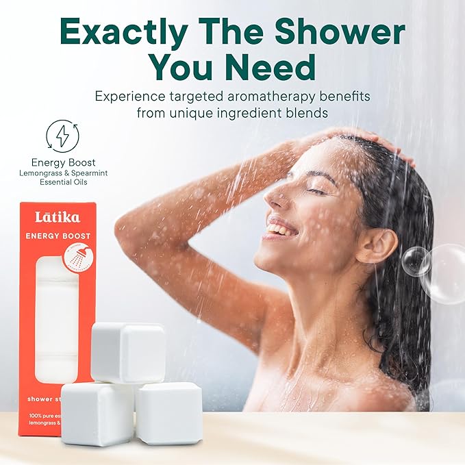 Latika Shower Steamer - Aromatherapy Cubes with Lemongrass & Spearmint Essential Oils for Stress & Anxiety Relief, Uplifting Energy - Long-Lasting Scent Steamers for Women and Men