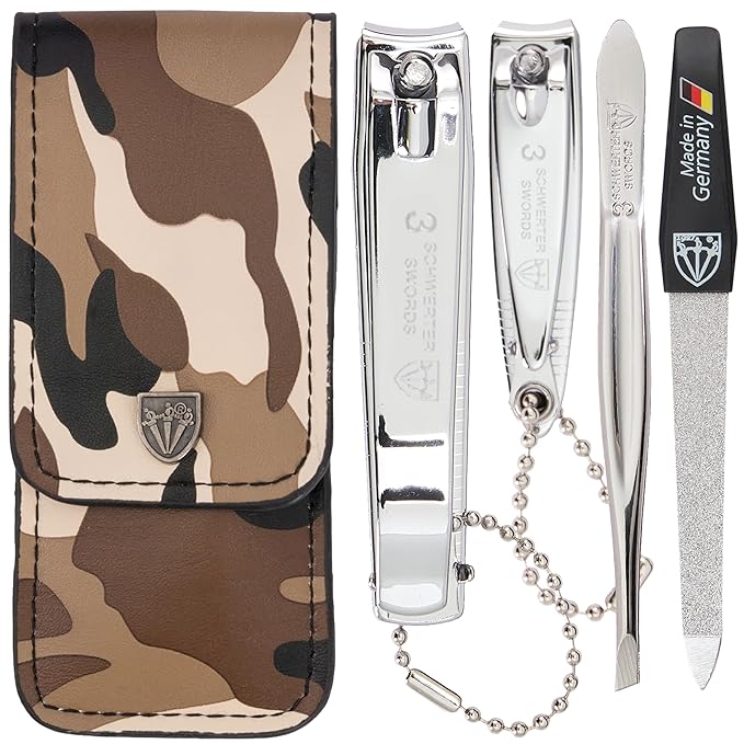 3 Swords Germany - Brand Quality 4 Piece Manicure Pedicure Grooming kit Set for Professional Finger & Toe Nail Care Tweezers File Clipper Fashion Leather case in Gift Box, Made by 3 Swords (03621)