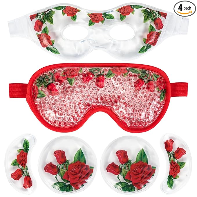 LEOSTEP 4 PCS Cooling Eye Mask Set - Ice Face Mask with Rose Essential Oil, Cold Eye Compress and Reusable Gel Pads for Eyes Puffiness, Migraine Headache, Dark Circles, Dry Eyes