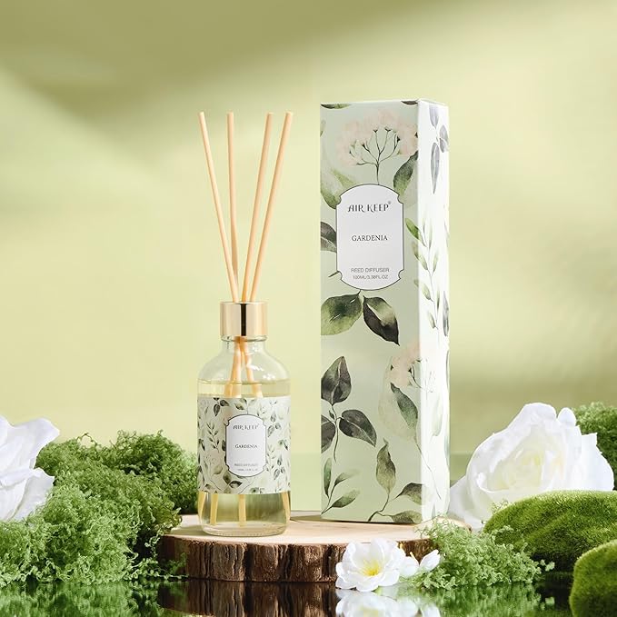 Airkeep Reed Diffuser Oil Set with Reed Sticks, Gardenia Aromatherapy Oil Scent Diffuser for Home Office Bathroom Decoration Perfume and Gifts 3.38 oz/100ml