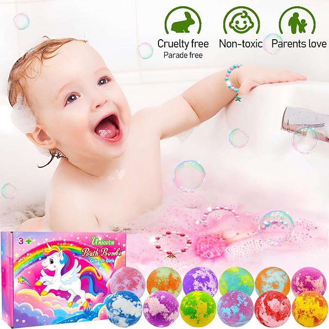 Unicorn Bath Bombs for Kids Girls with Toys Surprise Jewelry Inside Gift for Girls 3 4 5 6 7 8 Years Old Birthday Gifts Ideas Easter Gifts for Girl Easter Basket Stuffers Egg Fillers Christmas Gift