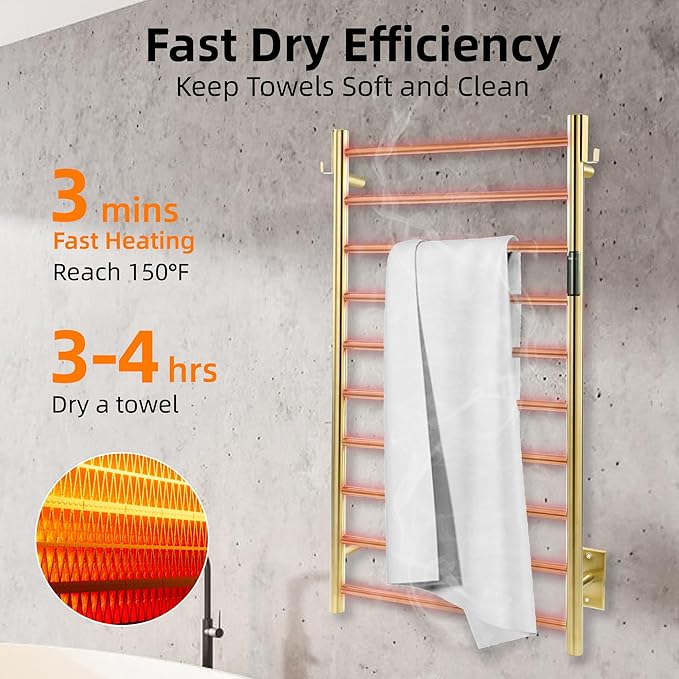 P&Dlusir Towel Warmer, Heated Towel Rack with Smart Timer and Thermo Control, Wall-Mounted Heated Towel Rail, Stainless Steel, Hard-Wired/Plug-in, Polished Gold, 10 bar